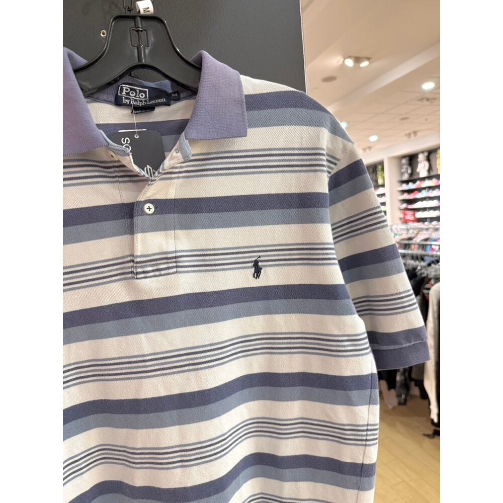 90s Polo Ralph Lauren Vintage White Blue Striped Pony Logo Rugby Button Shirt
